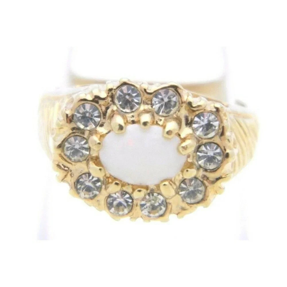 VTG Gold Tone 18k High Gold Electroplated Clear Rhinestone Opal Ring Size 5.5